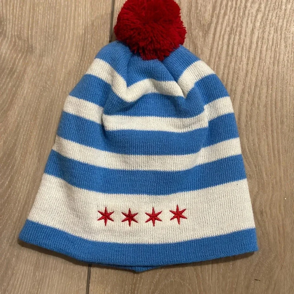 Chicago Flag Knit Winter Hat Blue/White Stripe Beanie with Red Pom NWOT - Picture 2 of 4